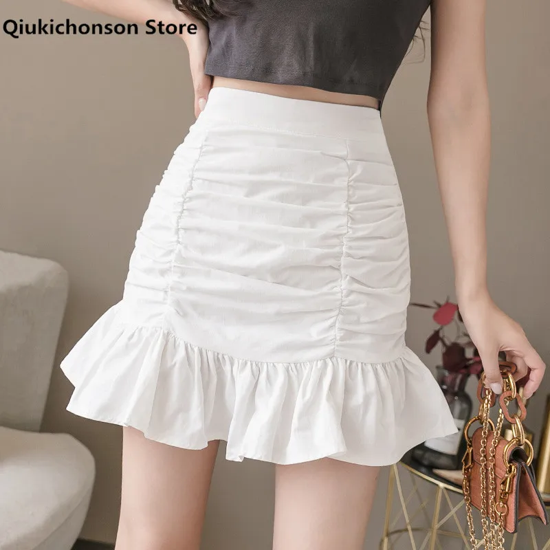 

Qiukichonson сезон: весна-лето 2021 для женщин в Корейском стиле; Модные короткие милые юбки с высокой талией, платье с рюшами юбка бело-розовая мини-...