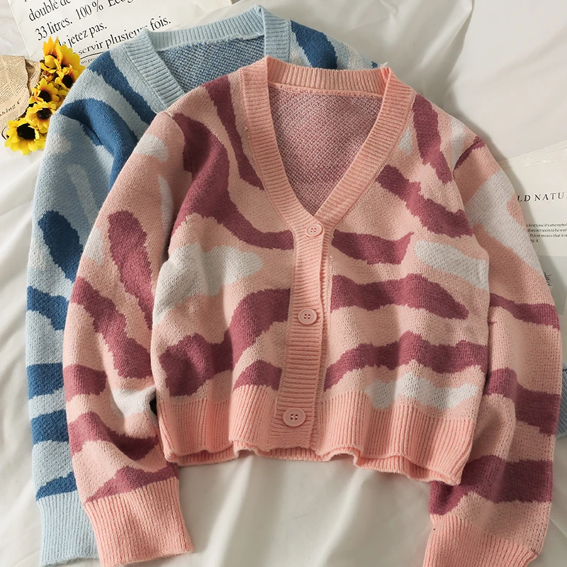 

Женский короткий кардиган с леопардовым принтом, трикотажный кардиган с длинными рукавами и V-образным вырезом, осень 2021