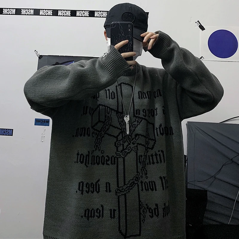 

Vintage Cross Sweater Ins Harajuku Letter Sweater Loose Round Neck Long Sleeve Thick Sweater Cotton Autumn Sweater Women