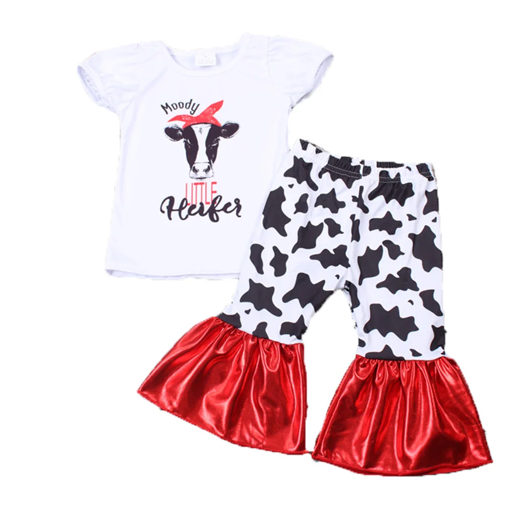 

Kids lovely clothing suit white short sleeves cow print top matches cow pattern red lace pant children clothes