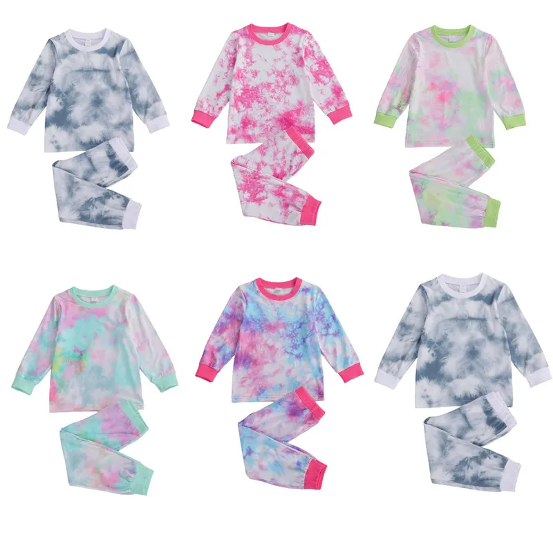 

2-7Y Spring Autumn Infant Baby Girls Boys Pajama Sets Tie-Dye Printed Long Sleeve Pullover Tops Pants Housewear
