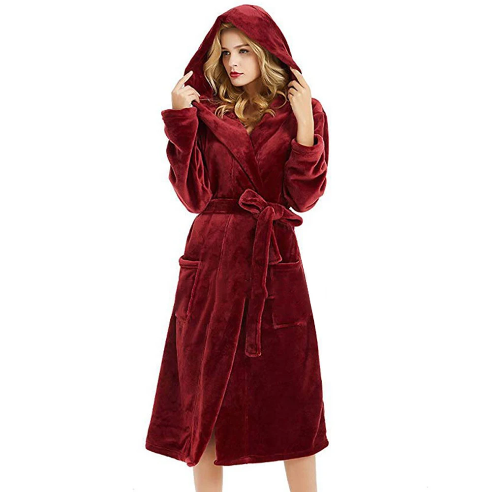 

Winter Bathrobe Women Fleece Solid Long Sleeve Hooded Pocket Loose Robe Lounge Women Clothing Sleepwear Bath Robe Female