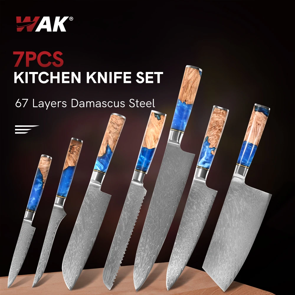 WAK 7PCS Kitchen Set Damascus Steel Chef Knife Cleaver Bread Paring Blue Resin and Pakka Wood Handle