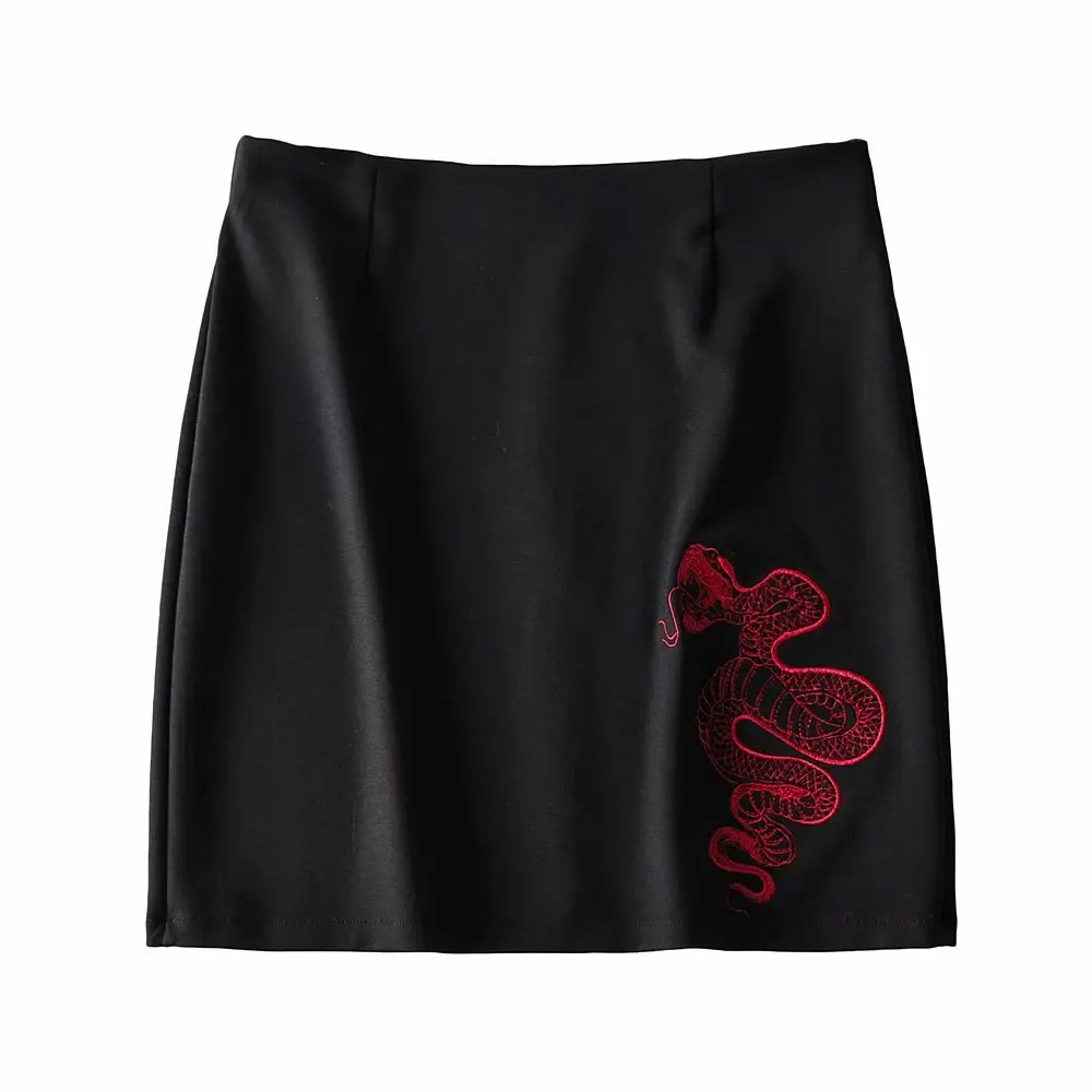 

Women Mini Straight Skirt Summer Sexy Above Knee Snake Pattern Embroidery Zipper Skirts 2020 Female