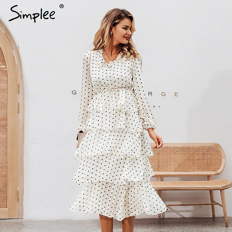 Simplee Elegant polka dots dress women Long sleeve ruffled long cake dresses female Vintage ladies evening party vestidos | Женская