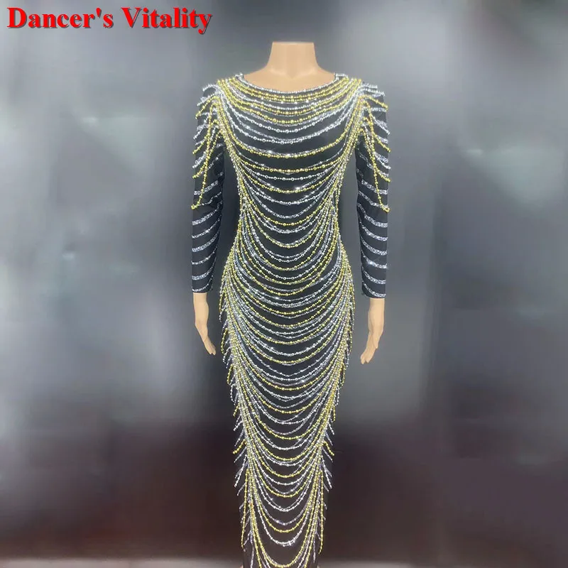 

Women Birthday Party Dress Gold Silver Beaded Rhinestones Lycra Long Dress YOUDU Ballerina Prom Party Gown Sexy Women Dress 2020