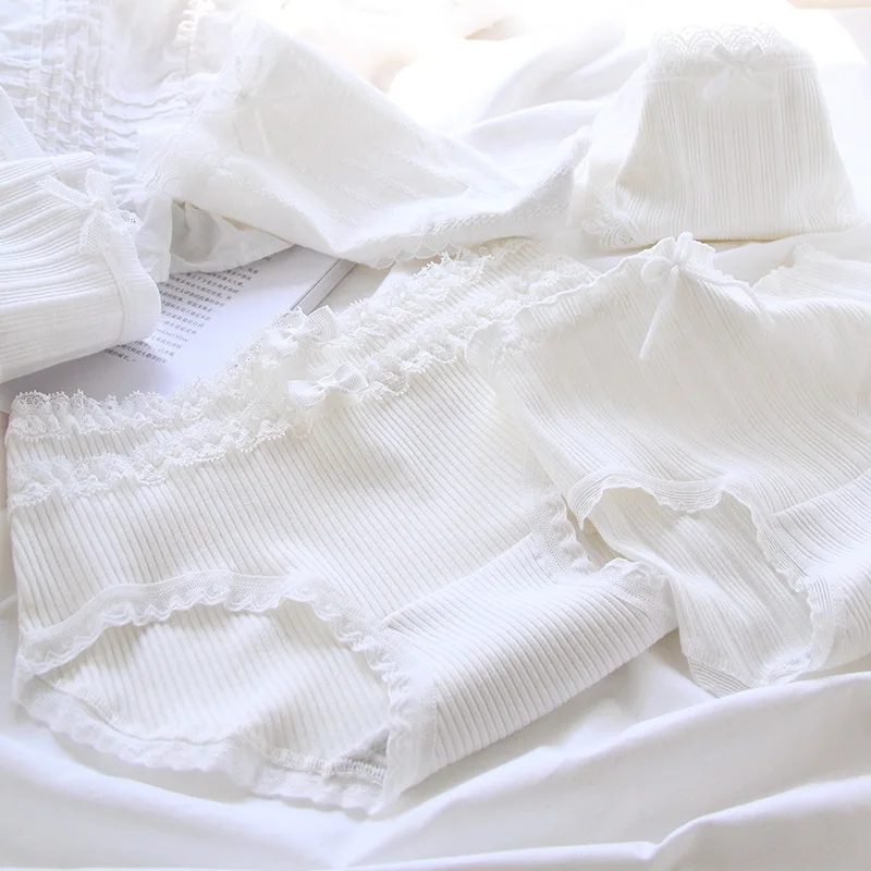 

Женское нижнее белье в стиле «лолита», Кружевное белое бесшовное нижнее белье в японском стиле, милое хлопковое нижнее белье с бантом и сред...