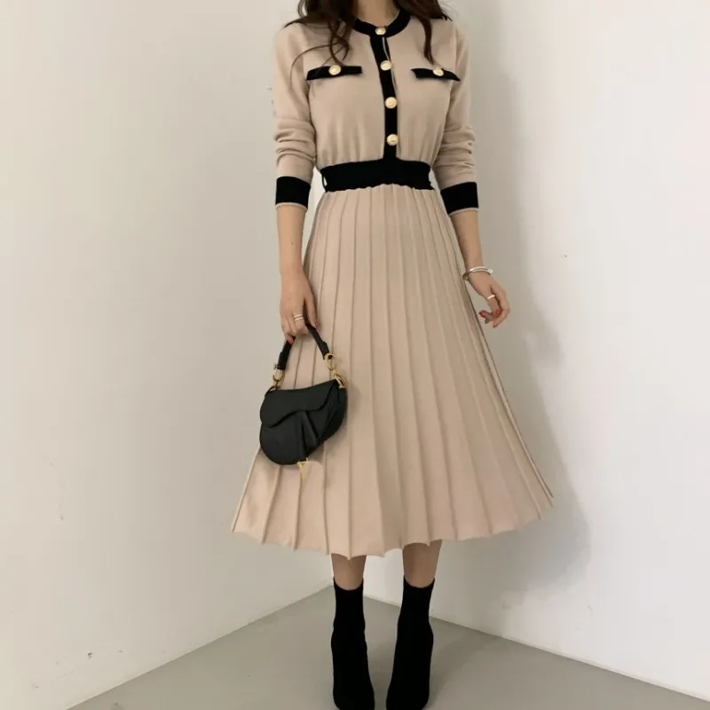 

2021 Spring Vintage Knitted Long Dress Women Long Sleeve Patchwork Buttons Dresses Korean Fashion Ladies Pleated Vestidos Mujer