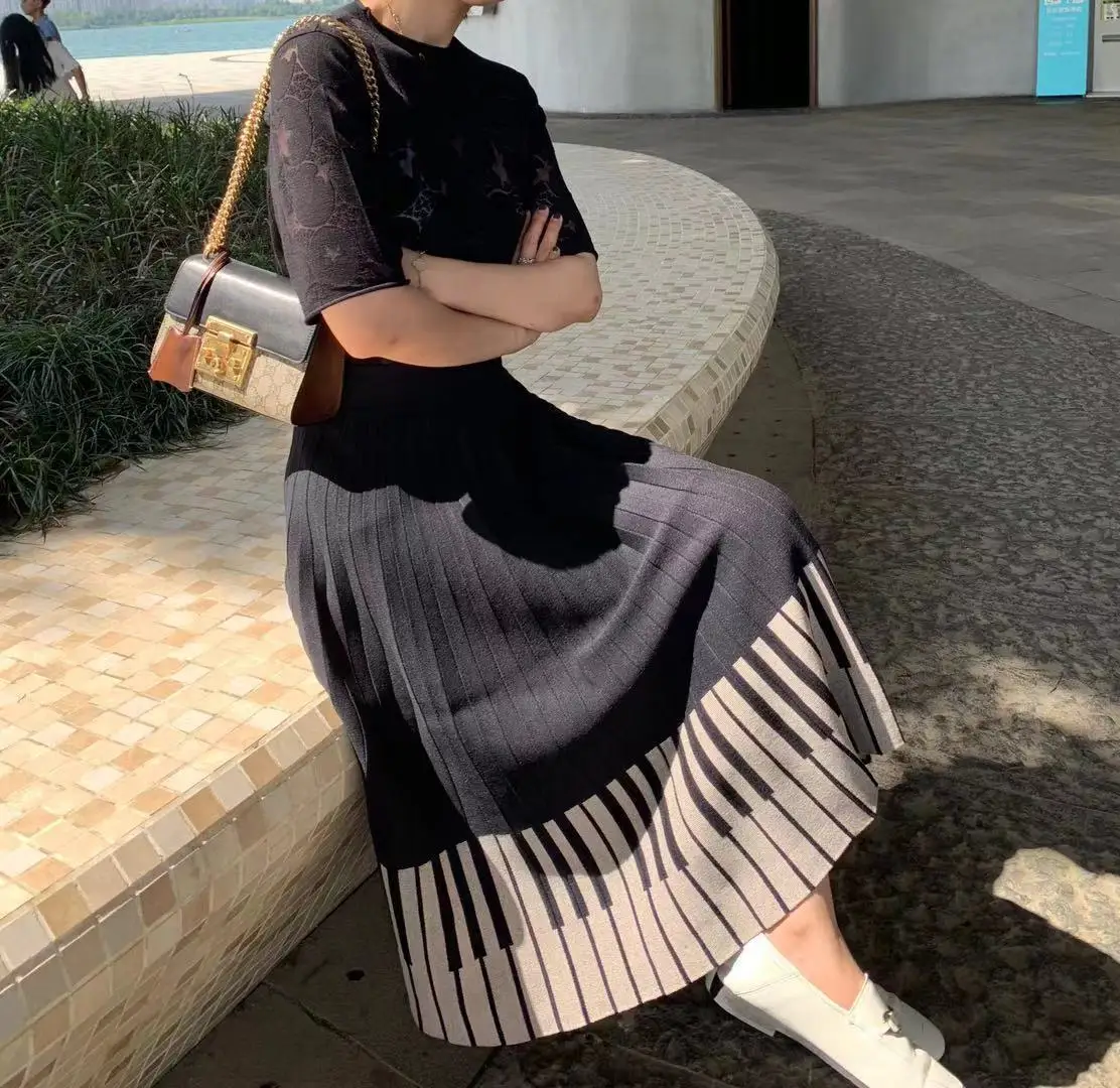 

2020 High Waist Knitted Winter A-Line Long Fashion Striped Hem Women Autumn Midi Skirt Faldas Jupe Femme Saia