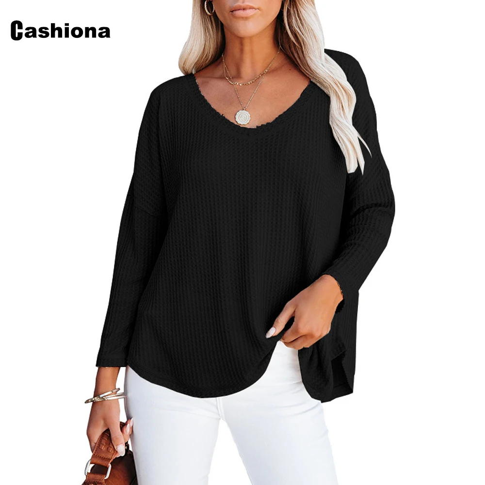 

Cashiona Women Fashion Leisure Basic Top Loose Pullovers Long Sleeve T-shirt Solid Casual Knitwear Sexy Girls Clothing 2021