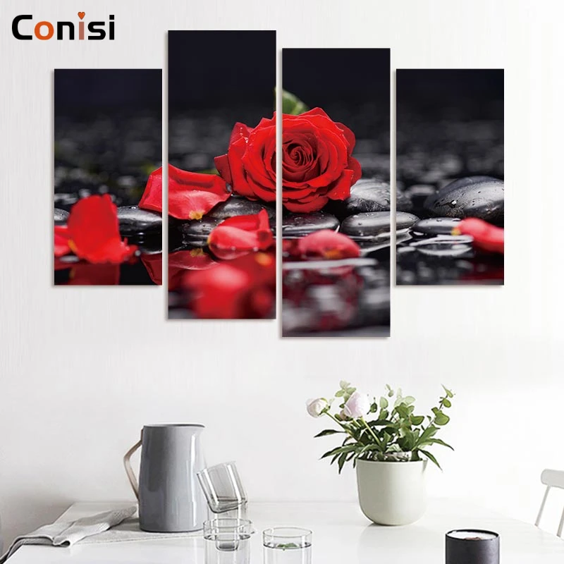 Conisi 4 шт./компл. Печать на холсте Цветы белая черная Настенная картина с