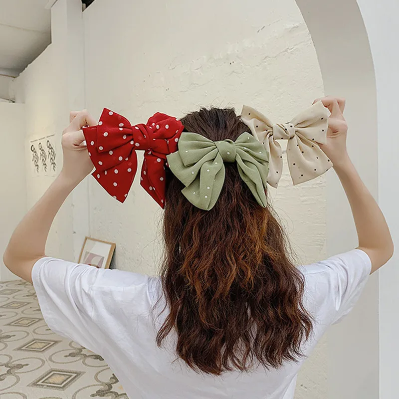 

Free Shipping Large Barrettes Three Levels Chiffon Hair Bow Wave Point Hair Clip Women Hairgrips High Quality Hair Accessories