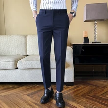 2021 novo vestido de negócios calças dos homens cor sólida escritório social formal terno calças casuais streetwear casamento pantalon homme (4)