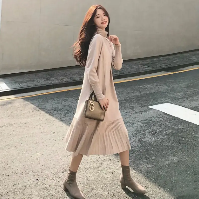 

Midi Knitted Sweater Casual Dress Long Sleeve Women Elegant Dresses Ladies Vintage Korean Fashion Woman Autumn Winter 2022