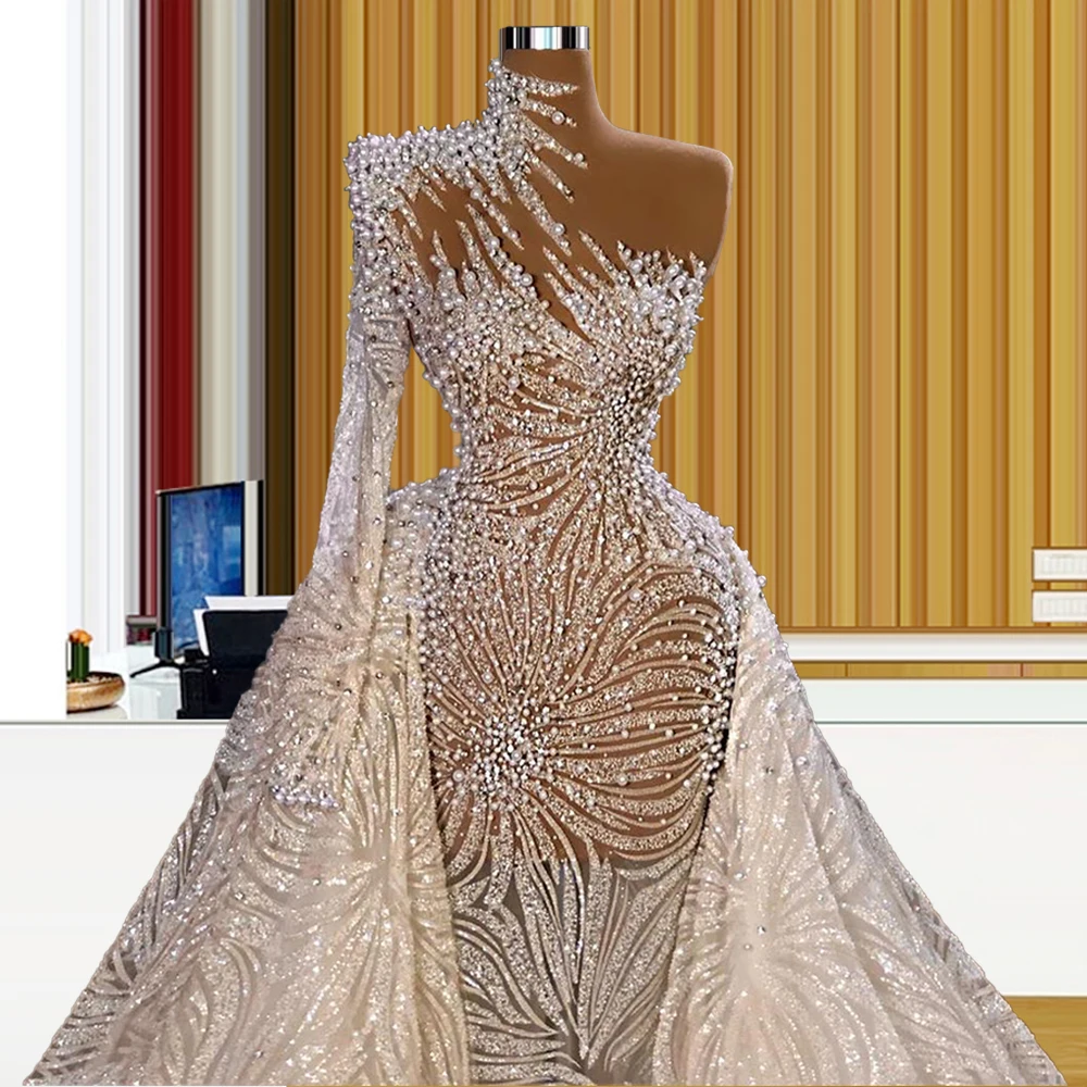 Glitter Sparkly Middle East Bridal Wedding Dress One Sleeve Saudi Arabia Pearls Glitter abendkleider 2021