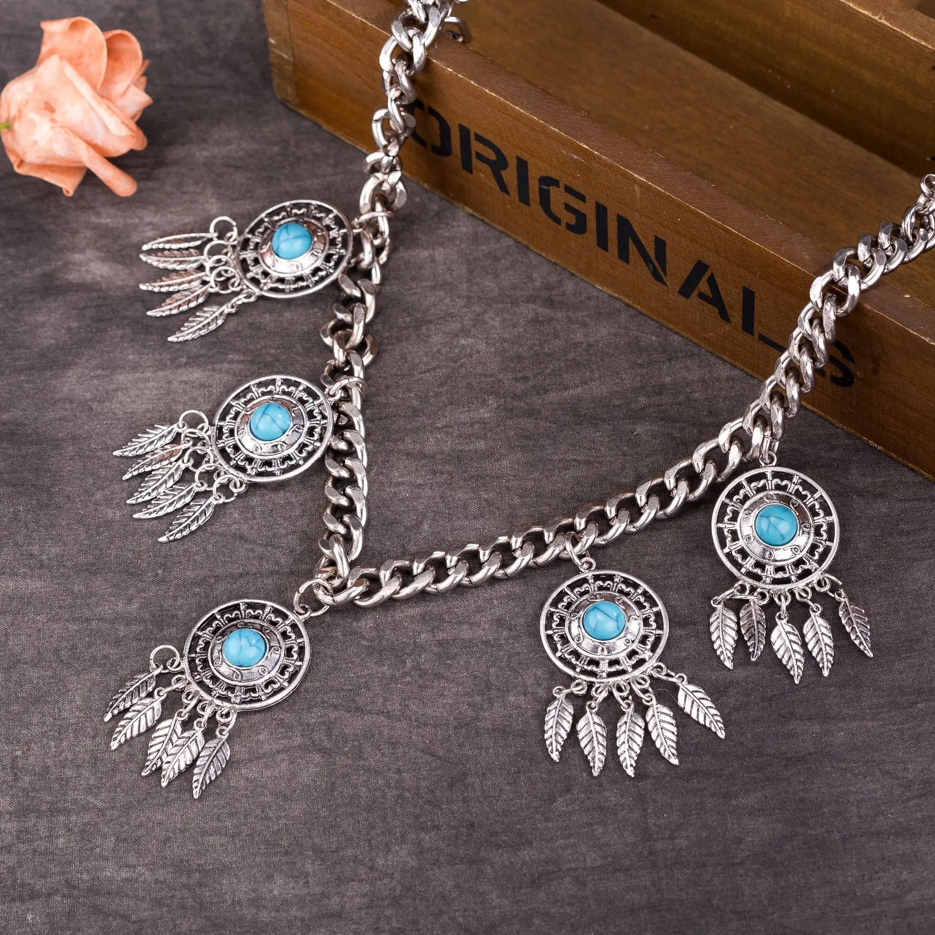 Женский пояс для танца живота серебристый/Бронзовый с бирюзовым камнем и