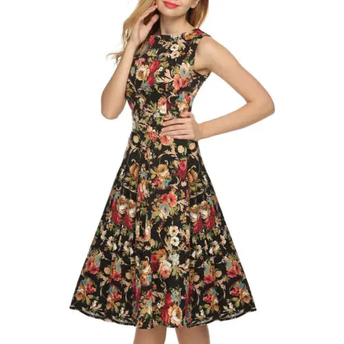 

Womens Vintage 50s Sleeveless Floral Ruffle A-Line Dress Rockabilly Swing Dress