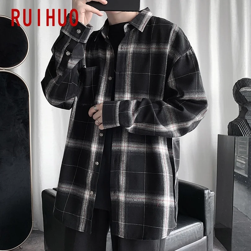 Рубашка RUIHUO Мужская в клетку модная повседневная приталенная с длинным рукавом