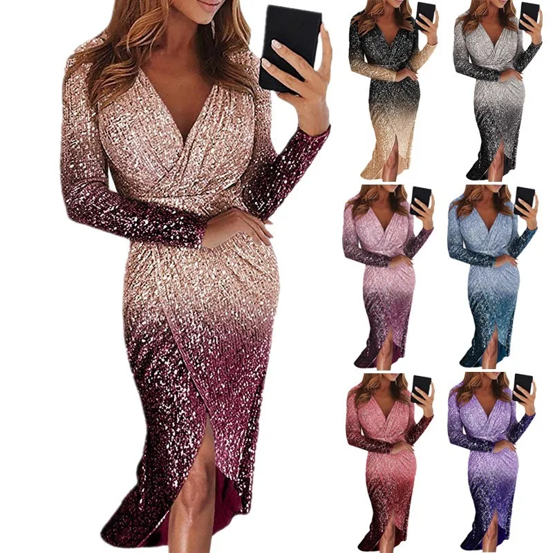 

Dress 2022 Sequin Dress Long Sleeve Fishtail Dresses Mid-waist Retro Dresses Gradient V-neck Dress Women Winter Sequinned Dress