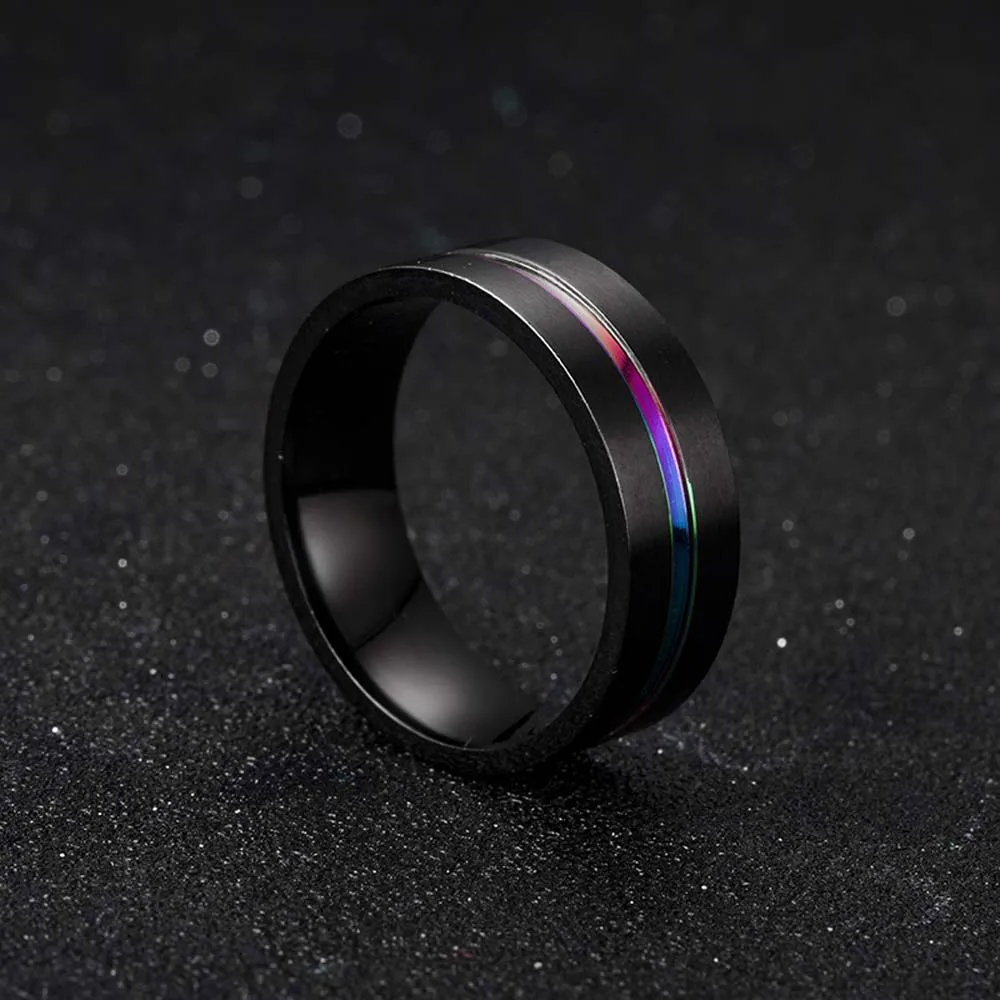 Fashion Black Titanium Stainless Steel Simple Ring Wedding Band 8mm Colorful Rainbow Groove Couple Jewelry | Украшения и