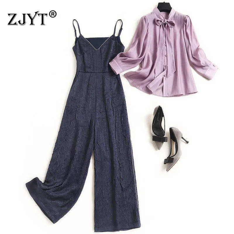 

2021 Spring Designers Women's Clothing Set Elegant Office Lady Two Piece Outfits Bow Collar Blouse and Pants Suit Overalls