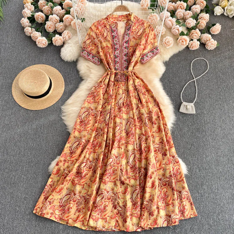 

платье летнее женское 2021 Retro Banquet Dress Vacation Vestidos Women Party Dress Women Summer Embroidery V-neck Elegant Dress