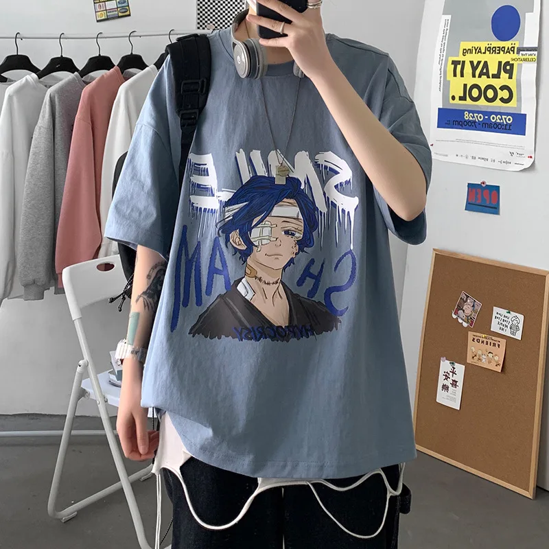 

Summer T-shirt Short-sleeved Men And Women 2021 New Japanese-style Cartoon Printing Five-point Sleeve Loose Blood Anime Clothes