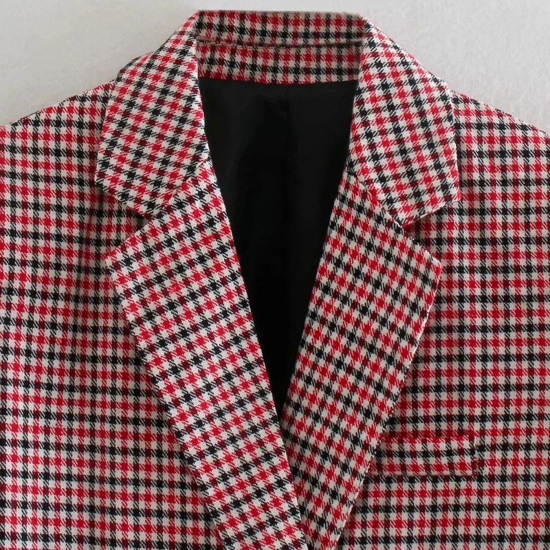 

Spring Elegant Vintage Double Breasted Houndstooth Print Blazer Female Long Sleeve Casual Jacket Office Lady All Match Coats