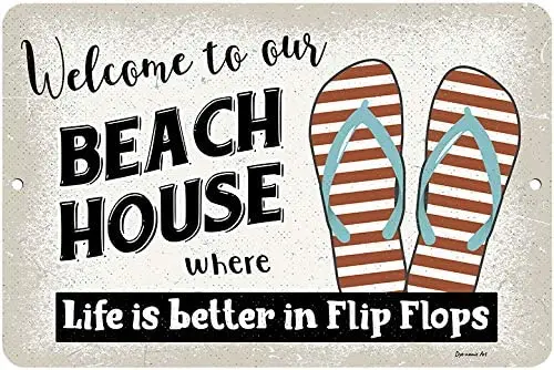 

Metal Tin Sign Wall Sign Welcome To Our Beach House Home Art Poster Wall Decoration Retro Square Metal Sign 8X12 Inch
