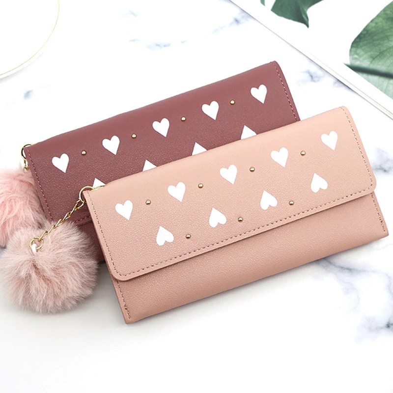 

Women Heart Wallets Hasp Rivet Coin Purses Long Female Wool Ball Pu Leather Phone Clutch Bag Ladies Money Clip Card Holder