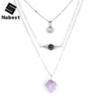 women natural stone irregular amethysts pendant necklace multi layers metal wire eye shell charm choker clavicle chain jewelry