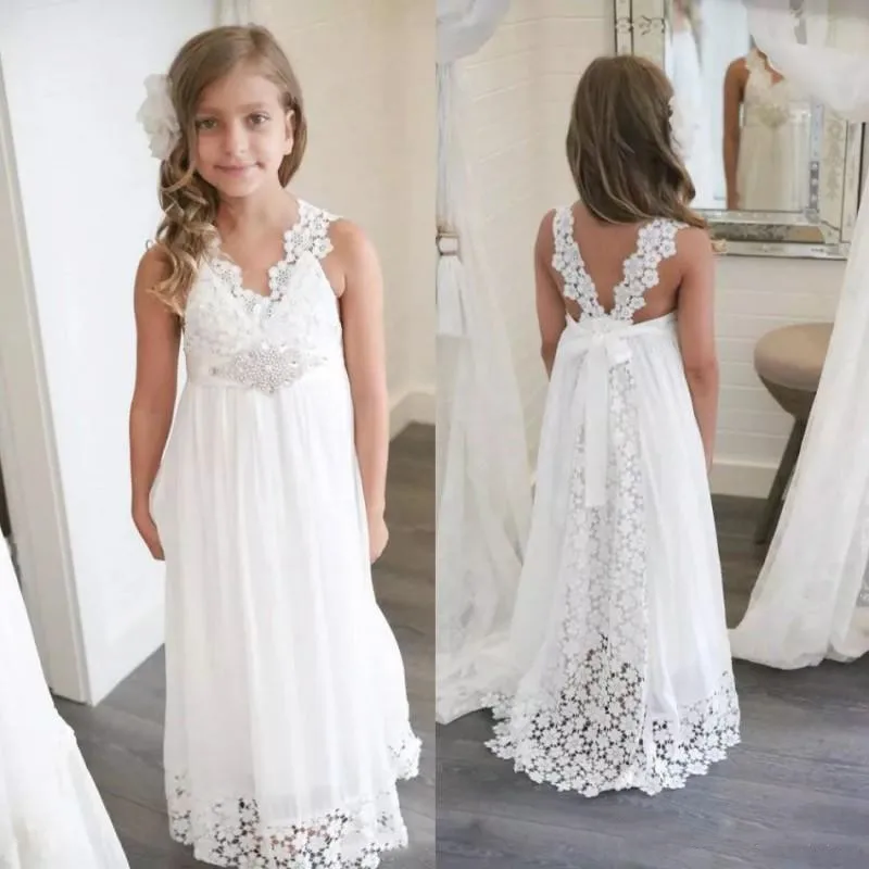 

Белые Красивые платья для девочек с цветами для свадьбы, кружевное шифоновое платье с поясом из бисера, детское платье для первого причастия