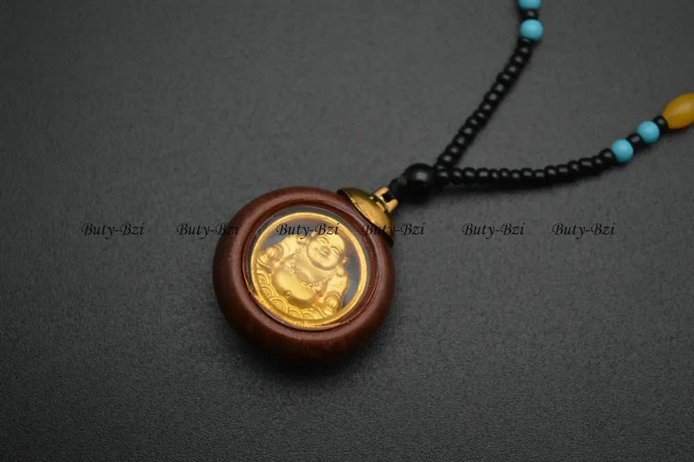 Колье с подвеской из смолы длинная цепочка бусинами в форме Будды золотой цвет со смеющимися деньгами