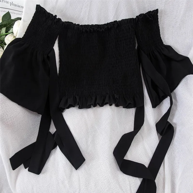 black blouse Neploe, однотонная плиссированная блуза с бантом, женская блузка с вырезом лодочкой и открытыми плечами, короткий укороченный топ, блузка, летняя, короткий рукав, тонкая женская рубашка 68079 - Цвет: black blouse