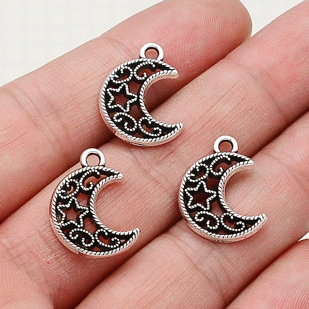 

40pcs/Lots 15x19mm Antique Silver Plated Moon Star Charms FLower Pendants For DIY Necklace Jewellery Crafts Wholesale Drop Ship