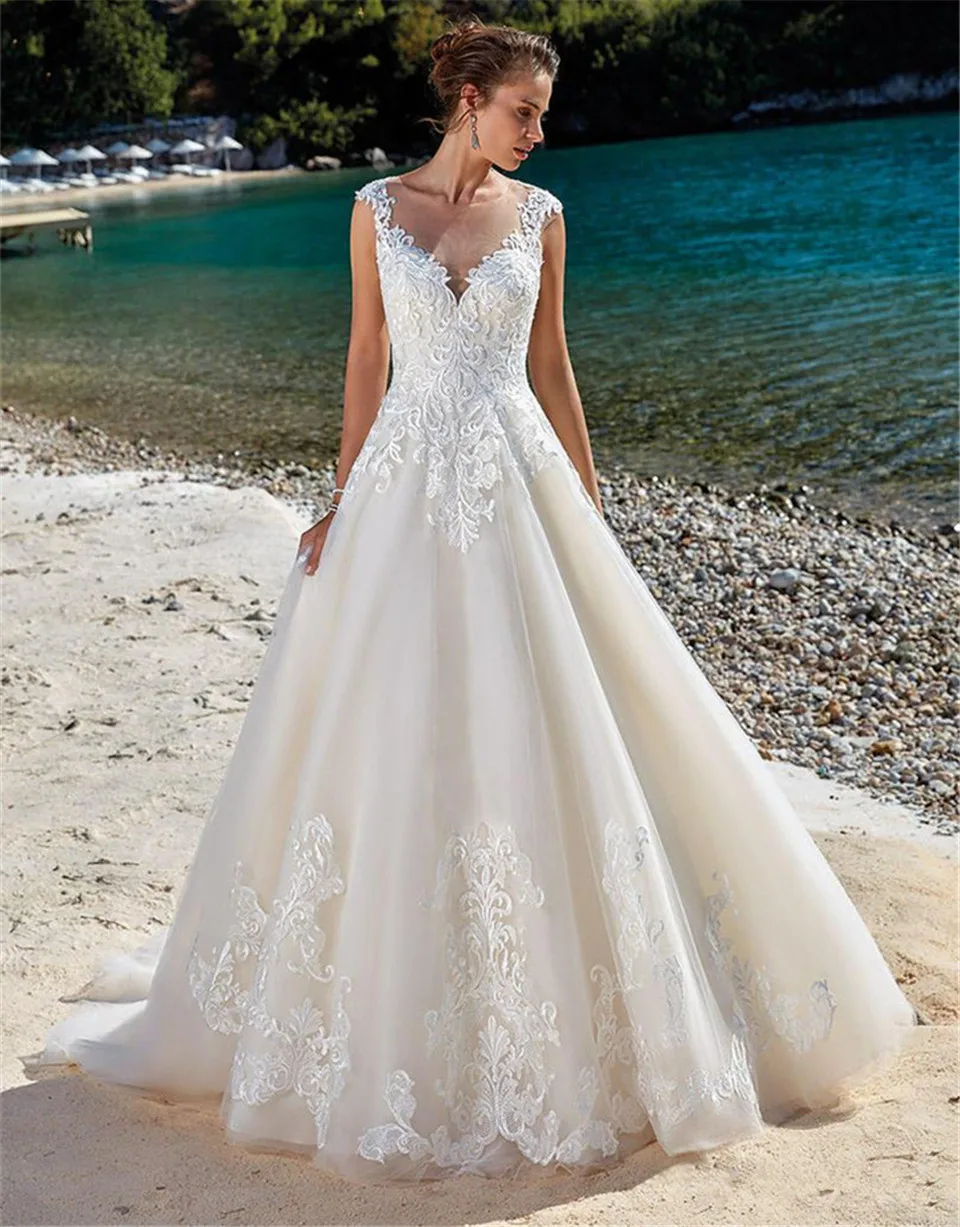 

White Bridal Dress Vestido De Noiva Simple Beach Wedding Dresses Scoop Neck Lace Backless Long Chiffon Bridal Gown 2021