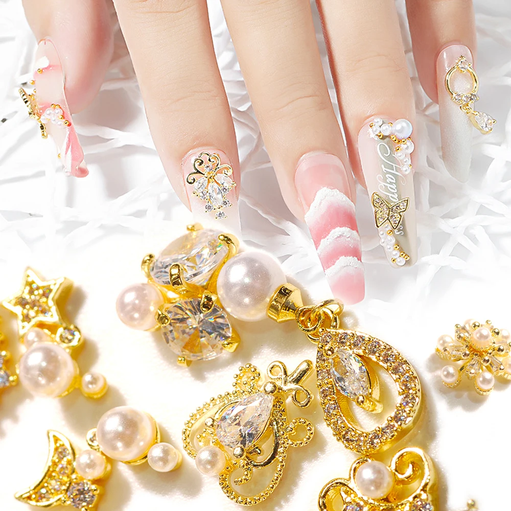 

Роскошные украшения для дизайна ногтей из сплава золота с бриллиантовыми жемчужинами, 2 шт., Кристаллы Стразы, кисточки/звезда/сердце, ювели...