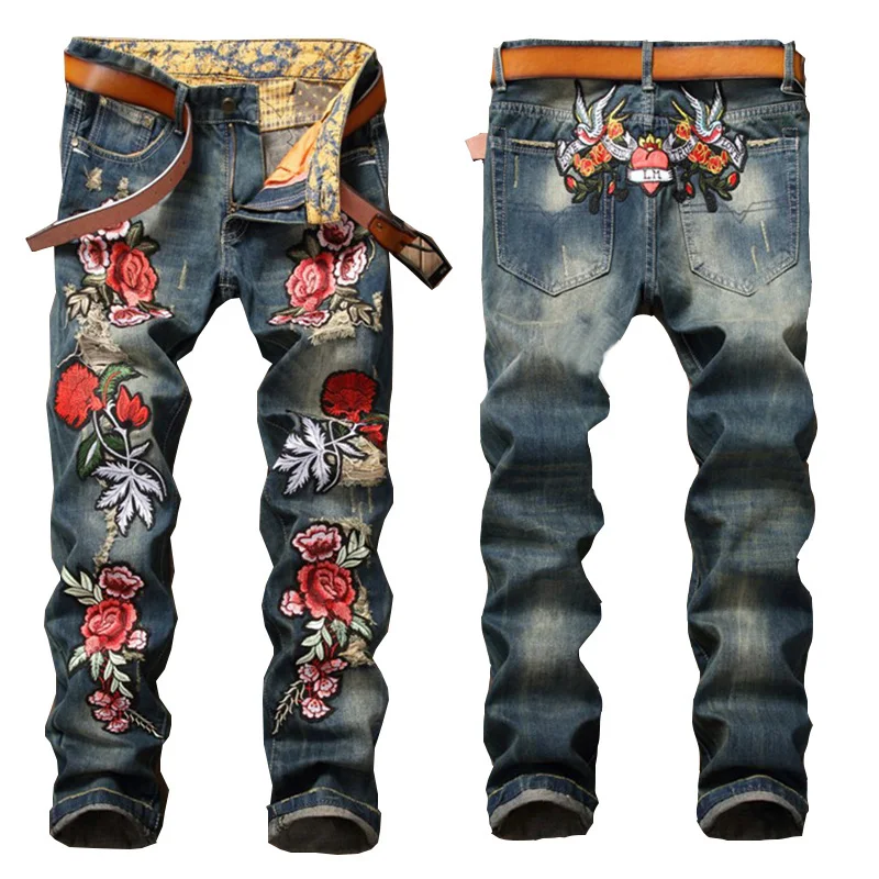 

Embroidery Roses Men Jeans Pants High Street Mens Denim Trousers Blue Broken Hole Pants Jeans For Men JS0791