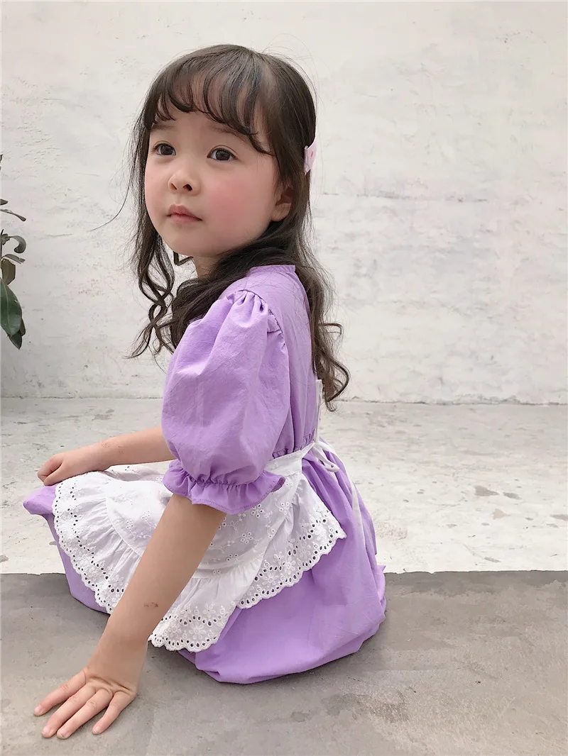 Korean Style New 2020 Summer Baby Girls Violet Princess Dresses Puff Sleeve Retro Lace Apron Maid Costumes Toddlers Kids Dress | Детская