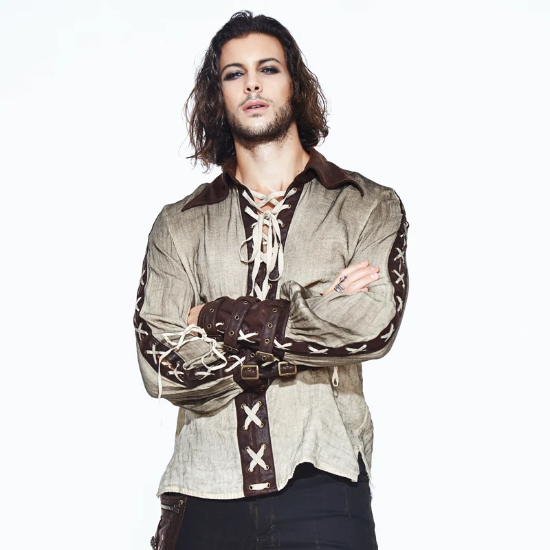

Vintage Shirt Fashion Men Long Sleeve Medieval Shirts Gothic Man Blouses Patchwork Turn Down Collar Men Clothing