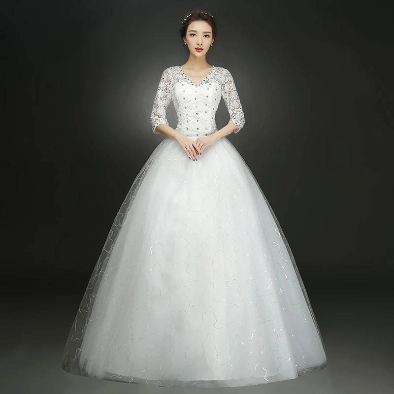 AnXin SH beauty white flower lace wedding dress princess v neck beading crystal half sleeve red | Свадьбы и торжества