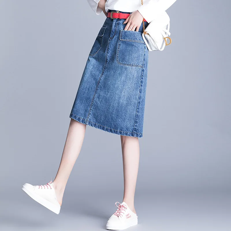 Летняя джинсовая женская юбка с высокой талией и карманами Повседневная тонкая