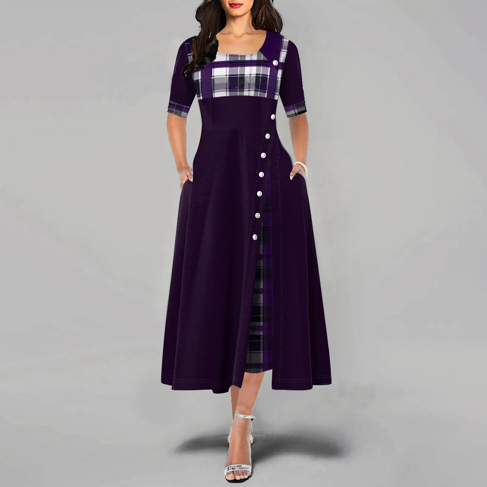 

Платье женское с завышенной талией, платье на пуговицах, с боковой молнией, с прострочкой, с круглым вырезом, модная одежда, весна-лето