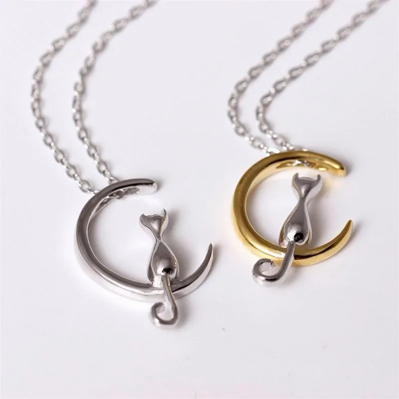 

Fashion Fine 925 Silver Cats Moon Pendant Necklace Romantic Charm Alloy Chain Necklaces Cute Women Jewelry Gifts Accessories
