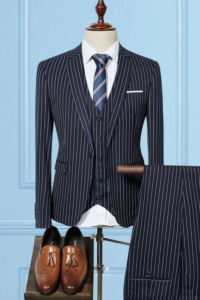 

(Jacket + Pants + Vest) High-end Customized Business Stripe Suit 3-piece Men's Fit Tuxedo Men's Wedding Ball Dress 4XL
