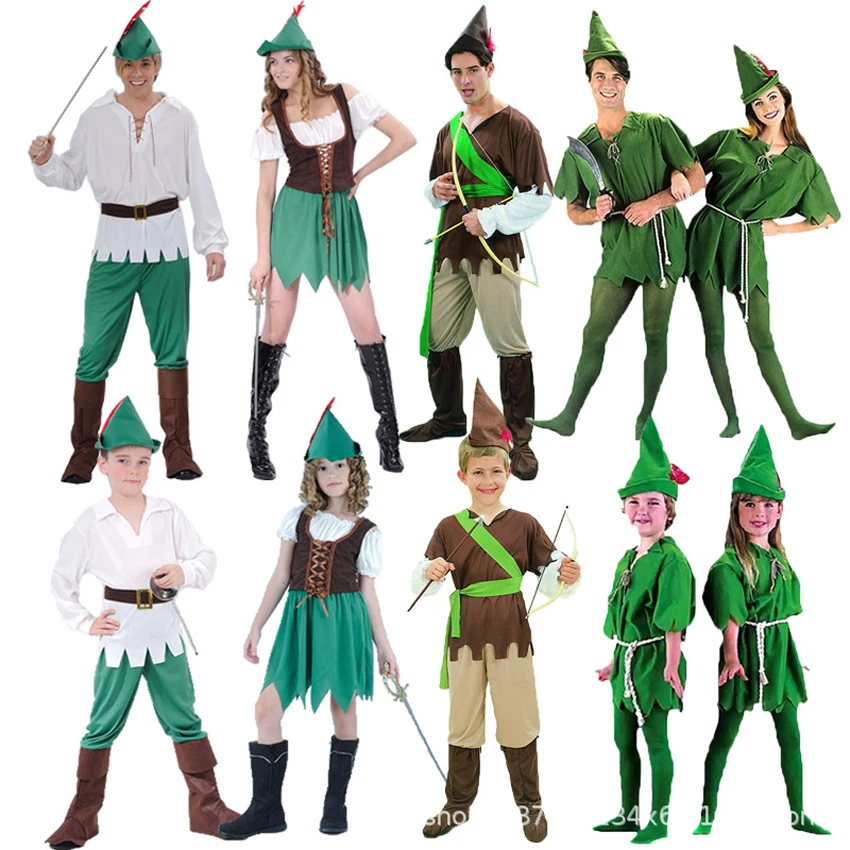 Cosplay Peter Pan Costume for Adult Kids Women Sexy The Wizard Elf Hunter Dress Kids Cartoon Movie Role-play Clothing Halloween