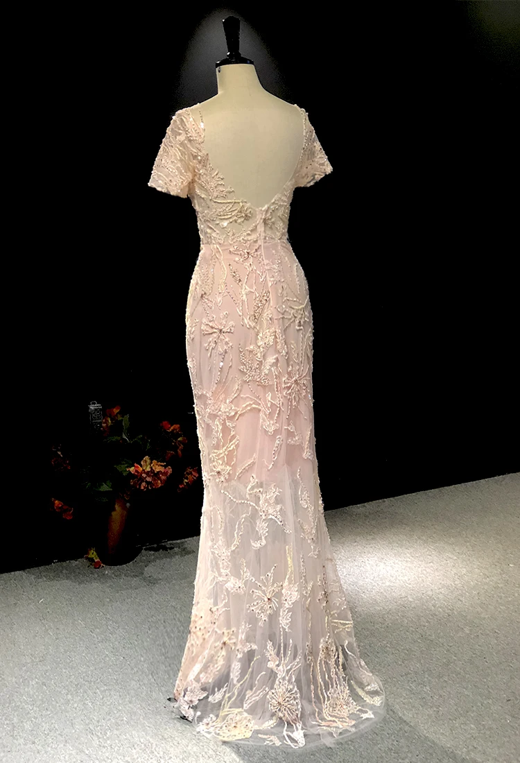 Rhine real Pictures Luxurious Pink Lace Short sleeves Beads Mermaid vestido de noiva robe de soiree arabic evening dresses long