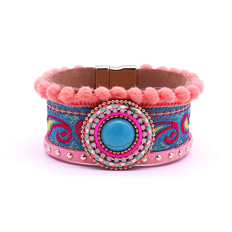 Pink Кожаный браслет в богемном стиле, кожаные браслеты с кристаллами для женщин, ручная работа, магнитная пряжка, вышивка, кружевной браслет, ювелирное изделие - Окраска металла: Pink