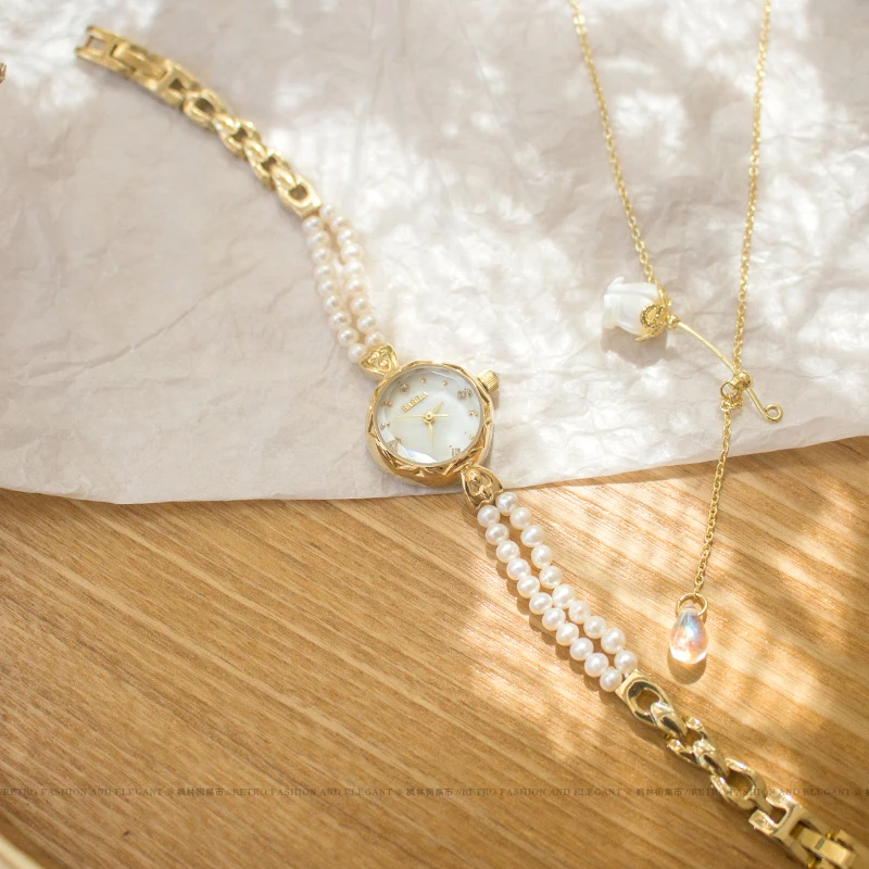 Новинка 2021 женские часы медный циферблат Роскошный Жемчужный ремешок винтажные