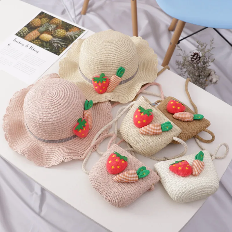 Hat Bag Set Wavy Straw Hats Strawberry Radish Cap Single Shoulder for Kids Spring Summer Beach H66 | Аксессуары для одежды